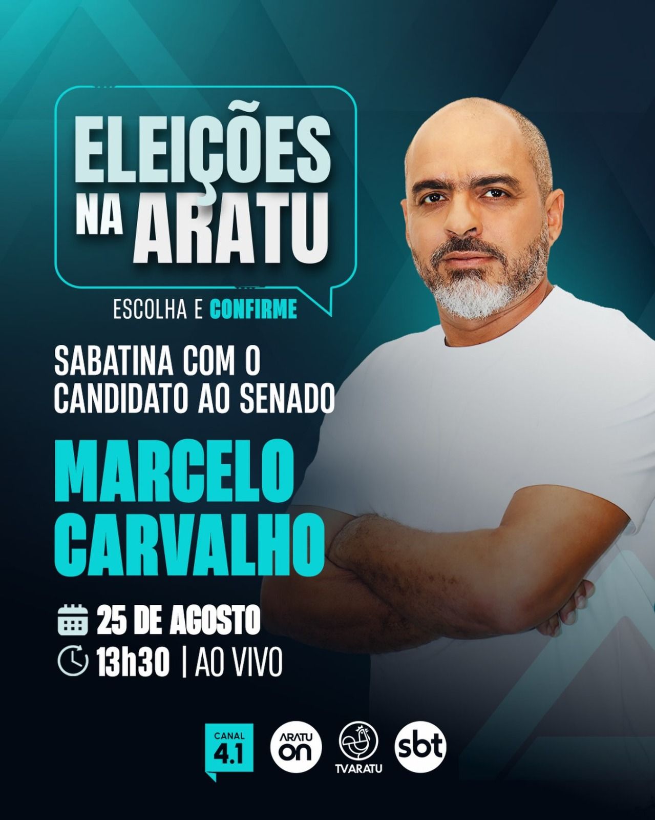 Candidato ao Senado, Marcelo Carvalho (Rede) participa de sabatina na TV Aratu. Foto: TV Aratu