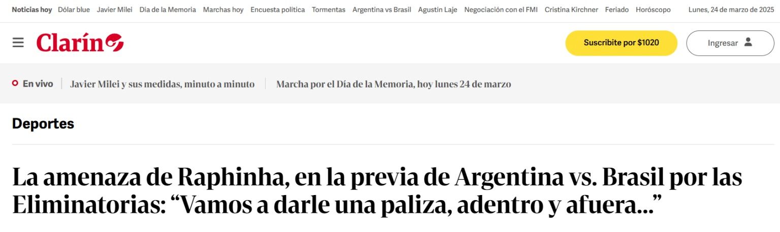 A declaração ganhou destaque na imprensa argentina. Foto: Reprodução| Clarín