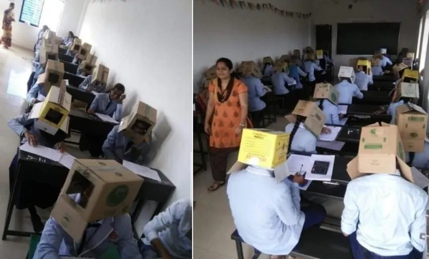 Fotos de alunos fazendo prova com caixa de papelão na cabeça para não "colar" geram polêmica