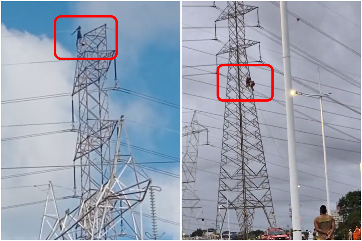 Homem em surto sobe em torre el&eacute;trica e &eacute; resgatado pelos bombeiros em Salvador. Foto: Redes Sociais