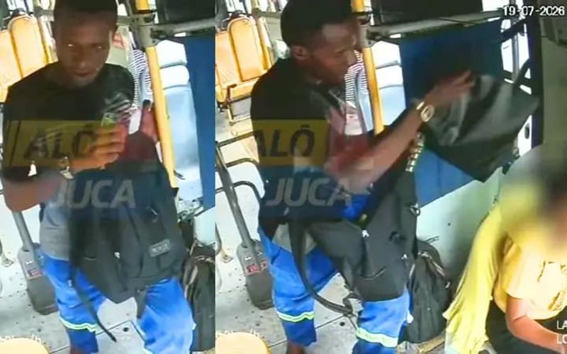 Vídeo mostra o momento em que homem rouba a bolsa e deixa o micro-ônibus sem levantar suspeitas/Foto: Alô Juca