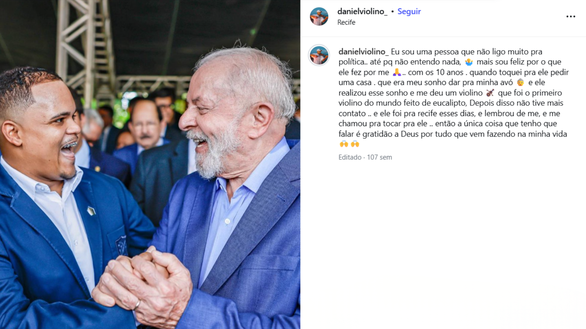 Publica&ccedil;&atilde;o do violinista Daniel, que homenageou Lula no Carnaval de Salvador | Foto: Reprodu&ccedil;&atilde;o/redes sociais