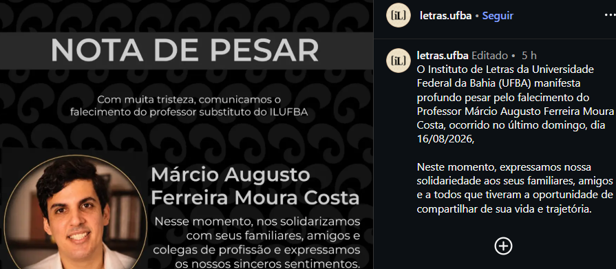 Professor da Ufba M&aacute;rcio Augusto Ferreira ,morreu no &uacute;ltimo domingo (16), aos 37 anos.| Foto: Redes Sociais