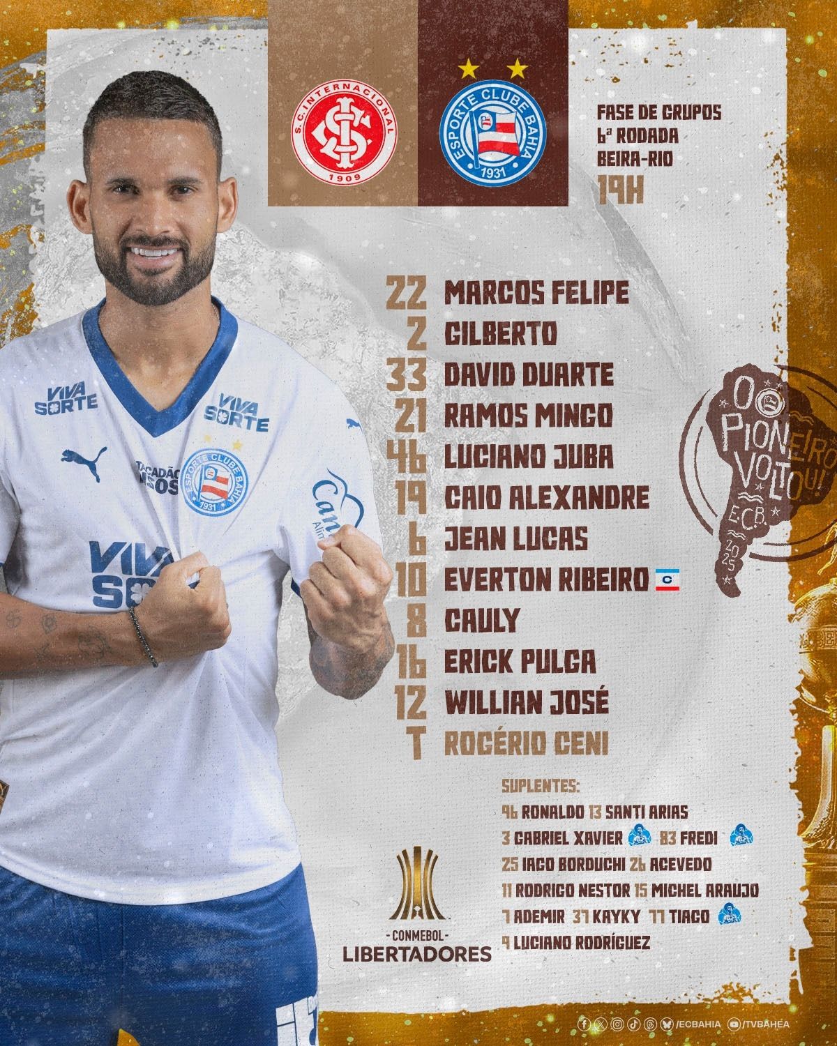 Escalação do Bahia para jogo contra o Internacional pela Libertadores