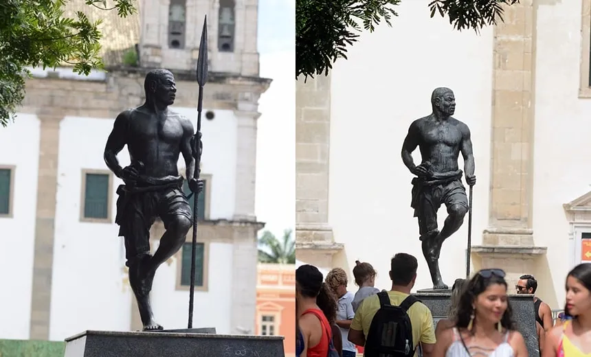 Estátua de zumbi dos palmares tem lança roubada por vândalos em Salvador
