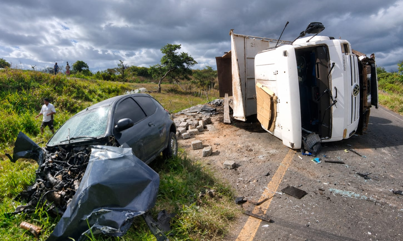 Acidente entre ca&ccedil;amba e carro deixa uma pessoa ferida na BA-120, no Rec&ocirc;ncavo da Bahia. Foto: reprodu&ccedil;&atilde;o | Bahia10