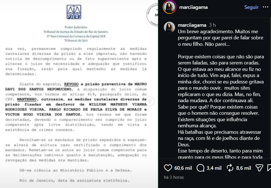 M&atilde;e do rapper Oruam se pronuncia nas redes sociais.| Foto: Redes Sociais