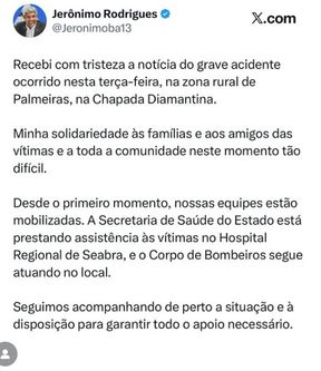 Jer&ocirc;nimo Rodrigues lamenta mortes por acidente na Chapada Diamantina. Reprodu&ccedil;&atilde;o | Instagram