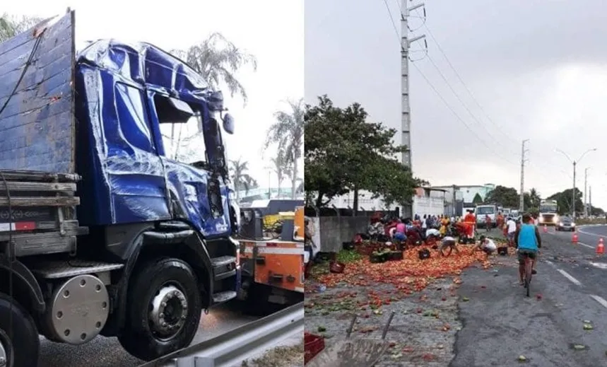 Caminhão assaltado tomba na BR-324 e é recuperado pela polícia; carga foi saqueada
