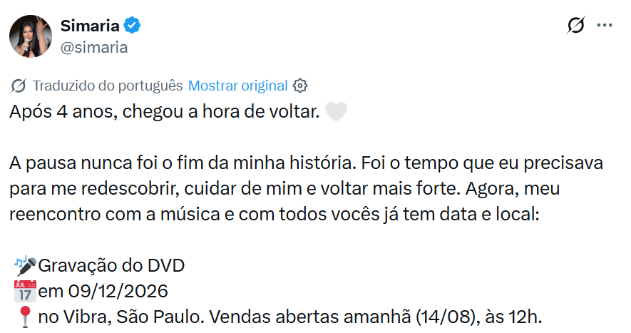 Simaria come&ccedil;ou a carreira profissional ainda jovem e ganhou proje&ccedil;&atilde;o nacional ao lado da irm&atilde;, Simone Mendes, antes de iniciar uma nova fase como artista solo/Foto: Redes Sociais&nbsp;