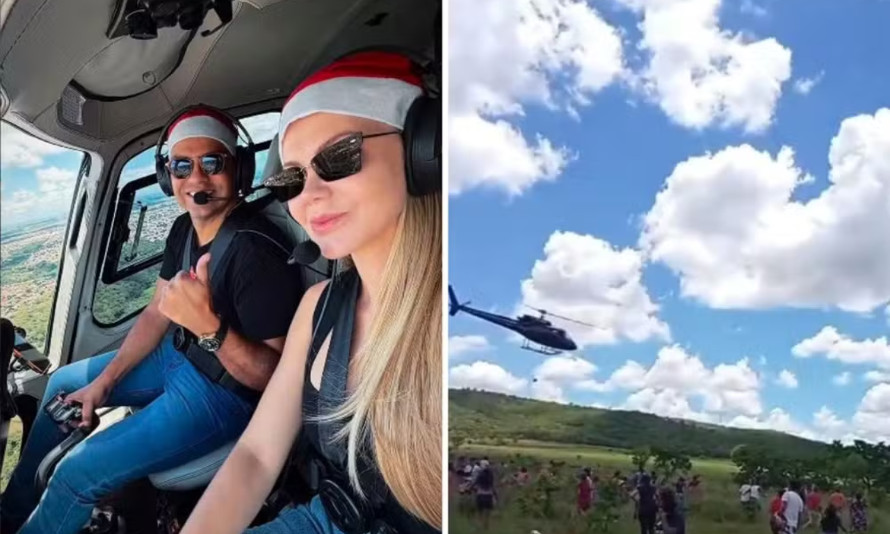 V&Iacute;DEO: helic&oacute;ptero de frigor&iacute;fico joga carne para moradores.Foto: redes sociais