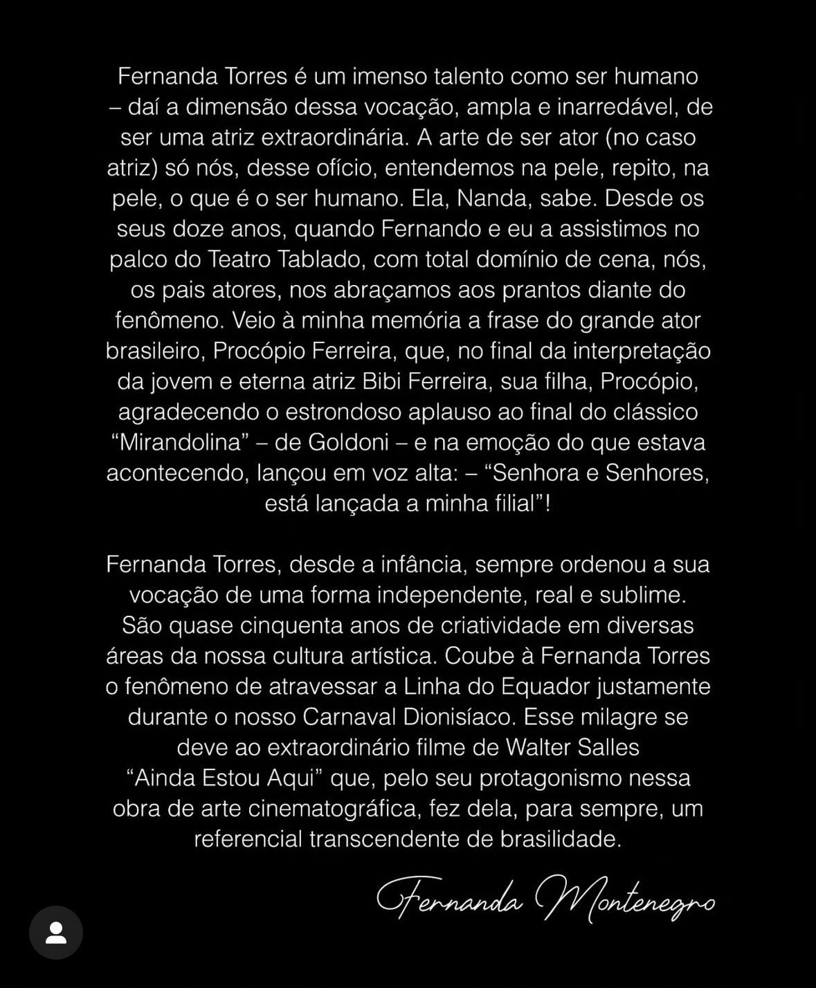 Foto: Instagram/Fernanda Montenegro