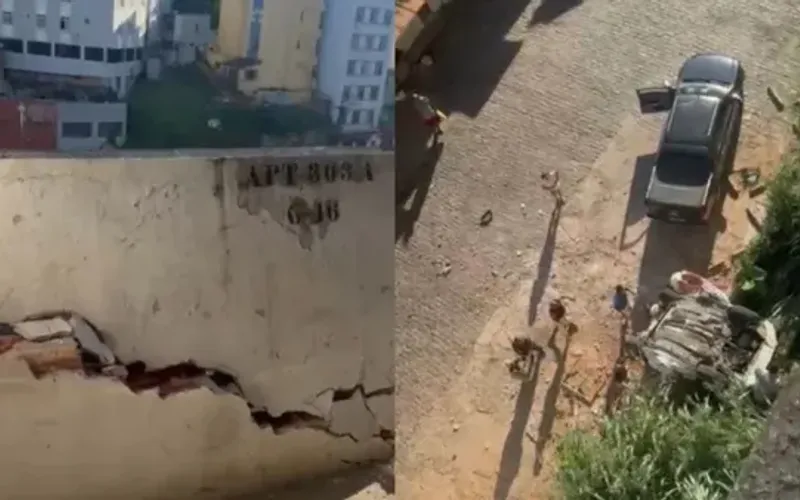 Um ve&iacute;culo caiu de um pr&eacute;dio na regi&atilde;o da Feira de Sete Portas, ap&oacute;s sair da estrutura de um estacionamento localizado em um edif&iacute;cio da &aacute;rea/Foto: Aratu On&nbsp;&nbsp;