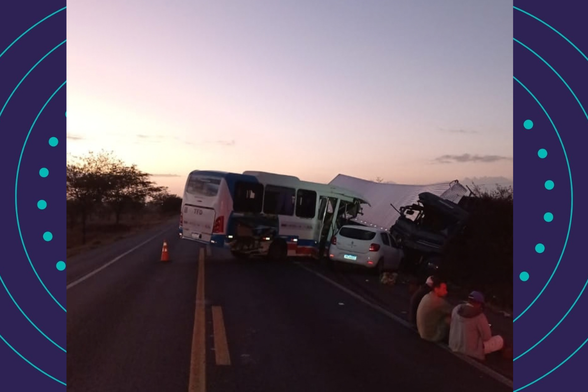 Acidente envolvendo micro-&ocirc;nibus, carreta e carro deixa feridos na BR-324, na Bahia. Foto: Reprodu&ccedil;&atilde;o PRF 