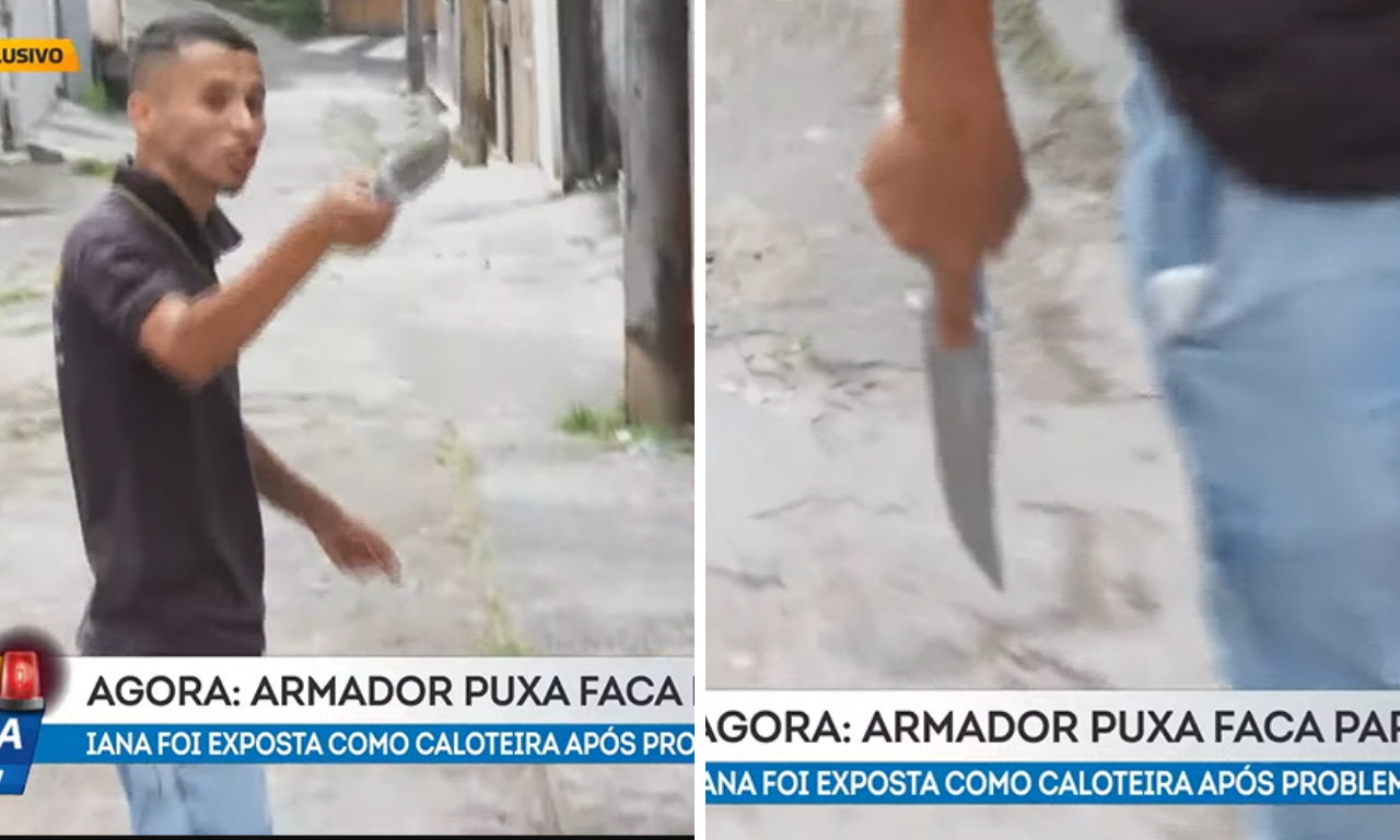 Mulher é ameaçada com faca por montador ao vivo. Foto: TV Aratu