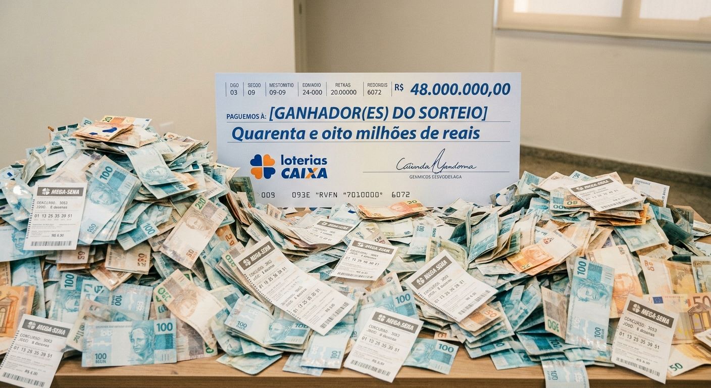 Mega-Sena sorteia pr&ecirc;mio de R$ 48 milh&otilde;es neste domingo; veja o que d&aacute; para comprar com o valor do pr&ecirc;mio. Foto: Imagem gerada por IA