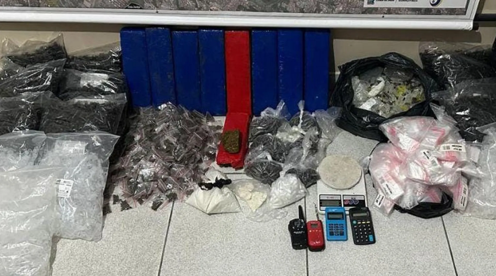 Entre os entorpecentes, foram encontrados nove tabletes de maconha pesando 1kg