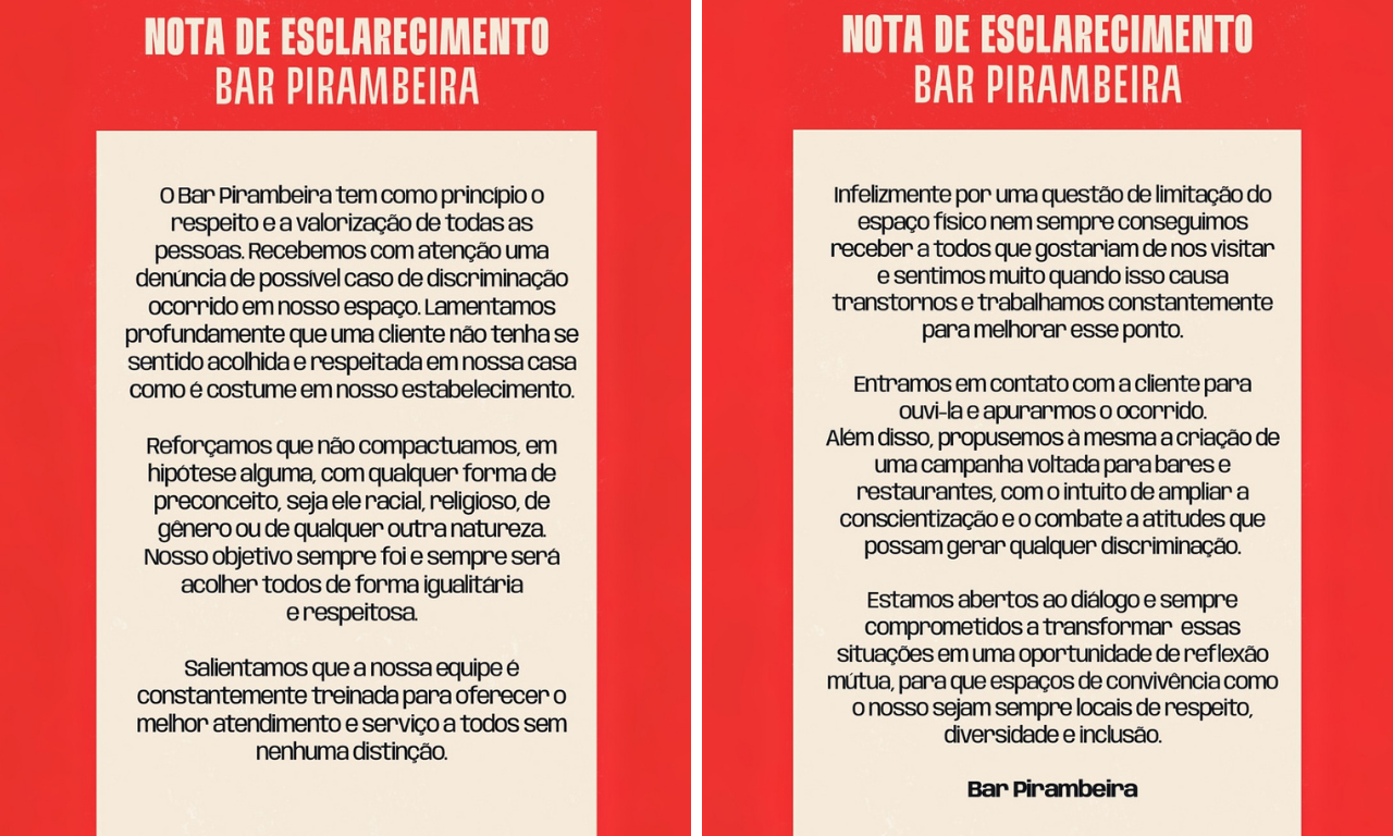 Nota de esclarecimento do Bar Pirambeira, após acusação de racismo. Foto: Redes sociais