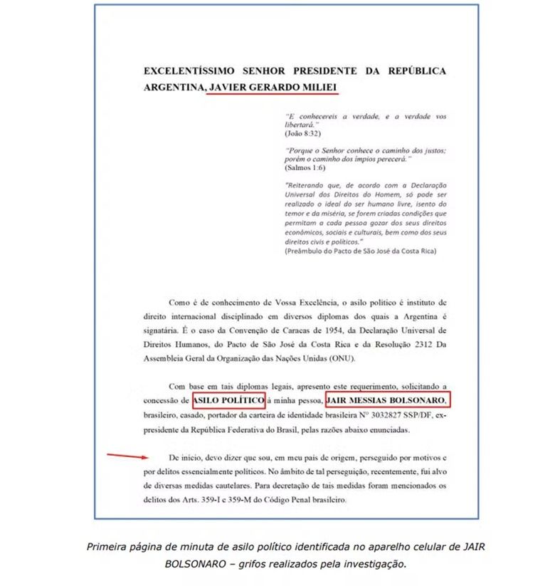 Primeira página de minuta de asilo político identificada no aparelho celular de Jair Bolsonaro - grifos realizados pela investigação