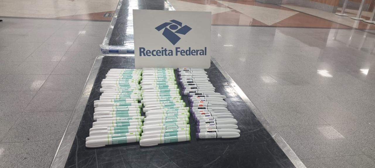 Canetas de Retratutide e Mounjaro apreendidas no Aeroporto de Salvador. Foto: Divulgação / Receita Federal