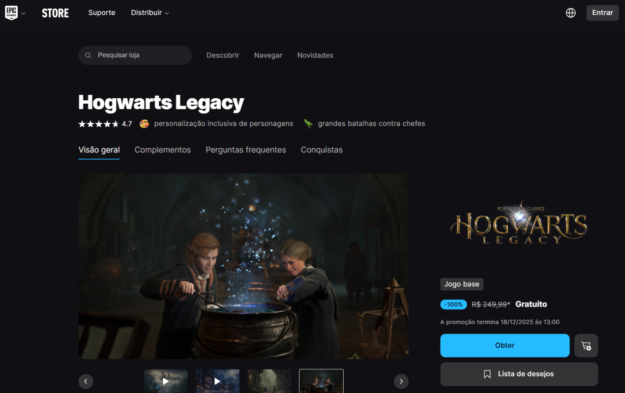 Hogwarts Legacy: Confira como baixar o jogo de graça na Epic Store. Foto: Reprodução