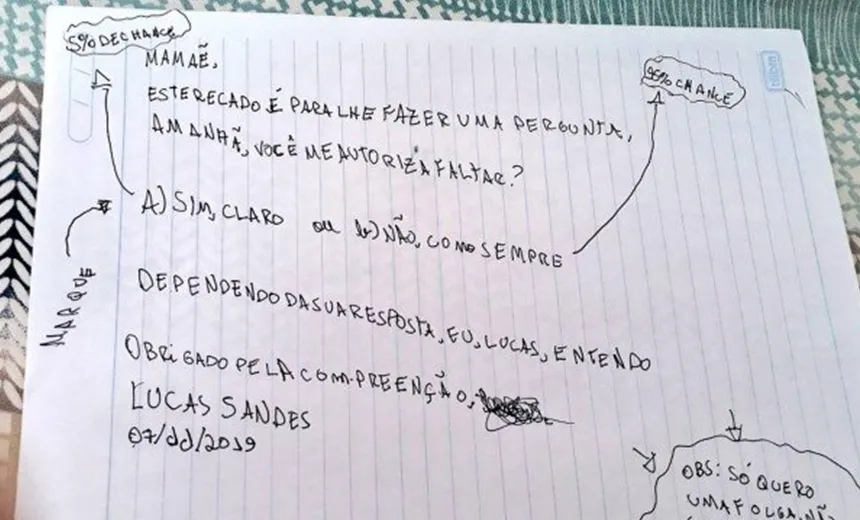 Estudante de Vitória da Conquista 'bomba na web' após pedir para mãe faltar aula em bilhete 