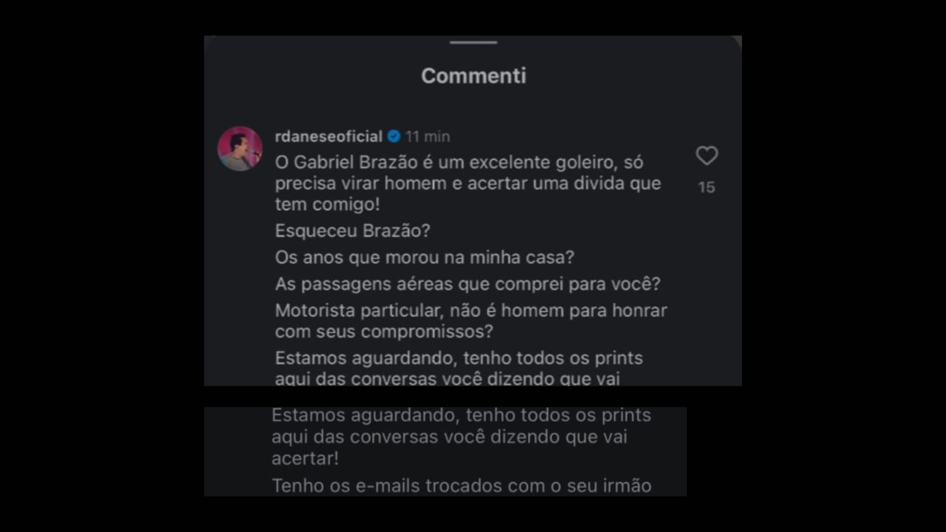 Regis Danese cobra dívida a goleiro do Santos em publicação do time no Instagram. Foto: Reprodução / Redes sociais