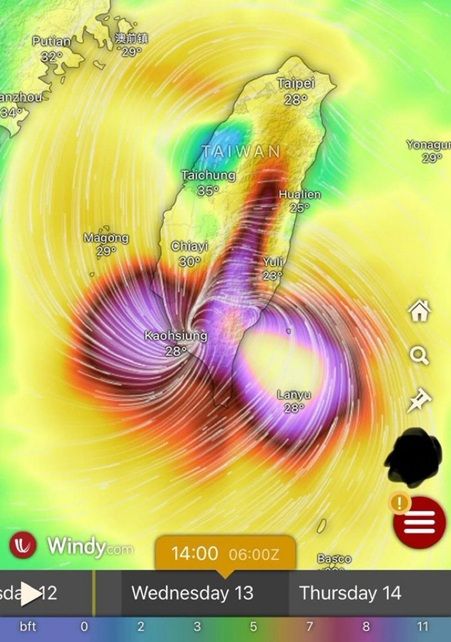 Tufão no sul de Taiwan chamou atenção nas redes sociais | Imagem: Reprodução/Windy App/X