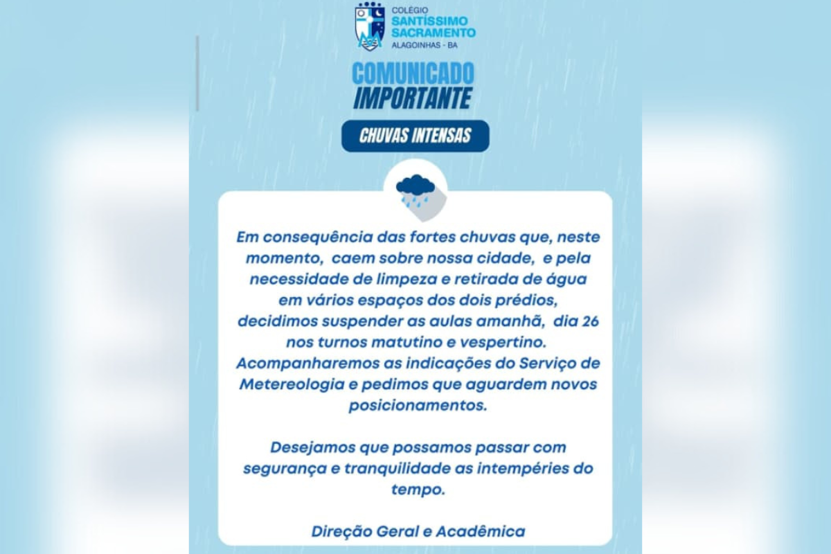 Comunicado da Faculdade. Foto: Divulga&ccedil;&atilde;o Sant&iacute;ssimo Sacramento 