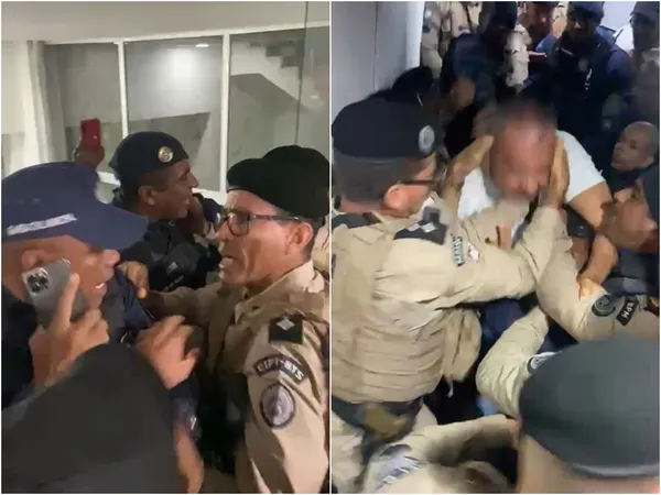 É possível ver o momento em que os dois lados trocam empurrões e até agressões durante a confusão na Câmara. Foto: Reprodução/Informe Baiano