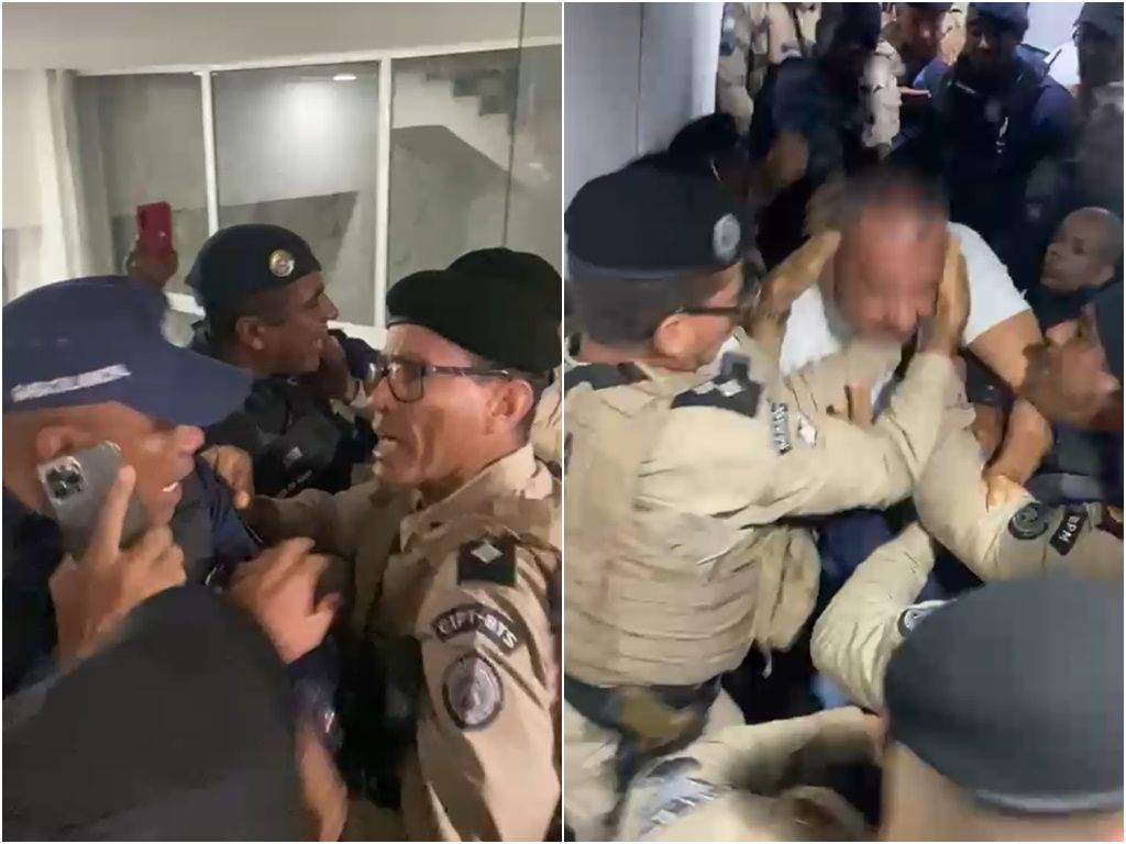 É possível ver o momento em que os dois lados trocam empurrões e até agressões durante a confusão na Câmara. Foto: Reprodução/Informe Baiano