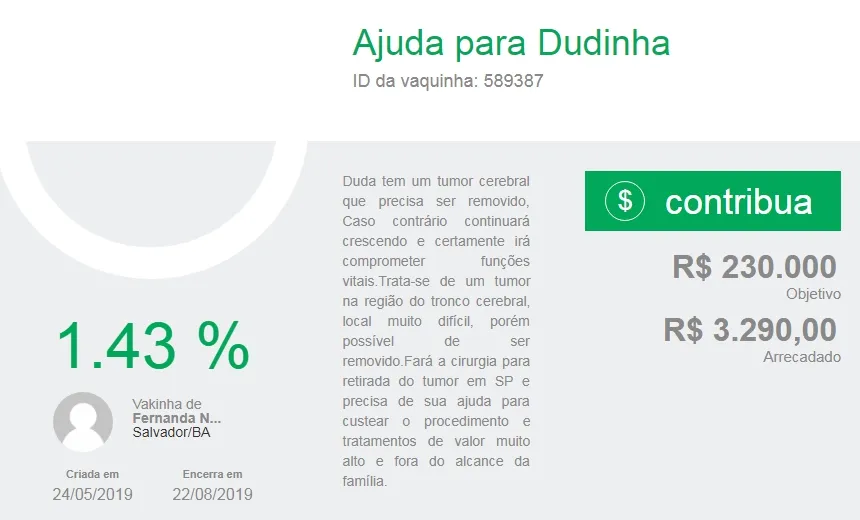 Internautas fazem vaquinha para ajudar criança a retirar tumor no cérebro