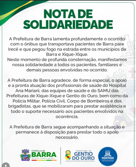 Nota De Solidariedade Das Prefeituras De Xique Xique E Barra