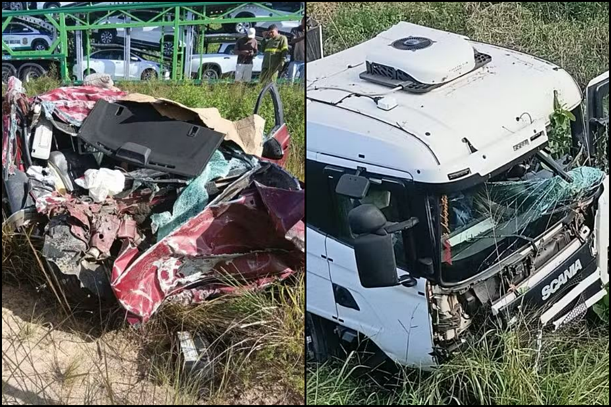 Motorista fica preso nas ferragens ap&oacute;s batida entre carro e carreta na BR-101. Foto: Redes Sociais