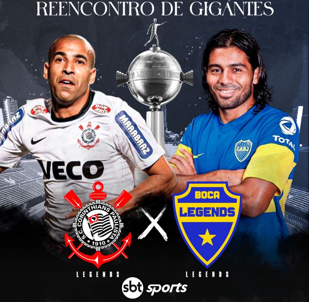 O encontro de lendas do Corinthians e Boca Juniors terá transmissão ao vivo do SBT, do SBT+ e no Youtube da emissora. Foto: SBT Sports