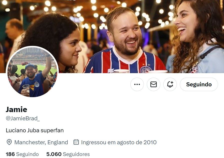 Perfil de Jamie no X/Twitter diz que ele é super fã de Luciano Juba