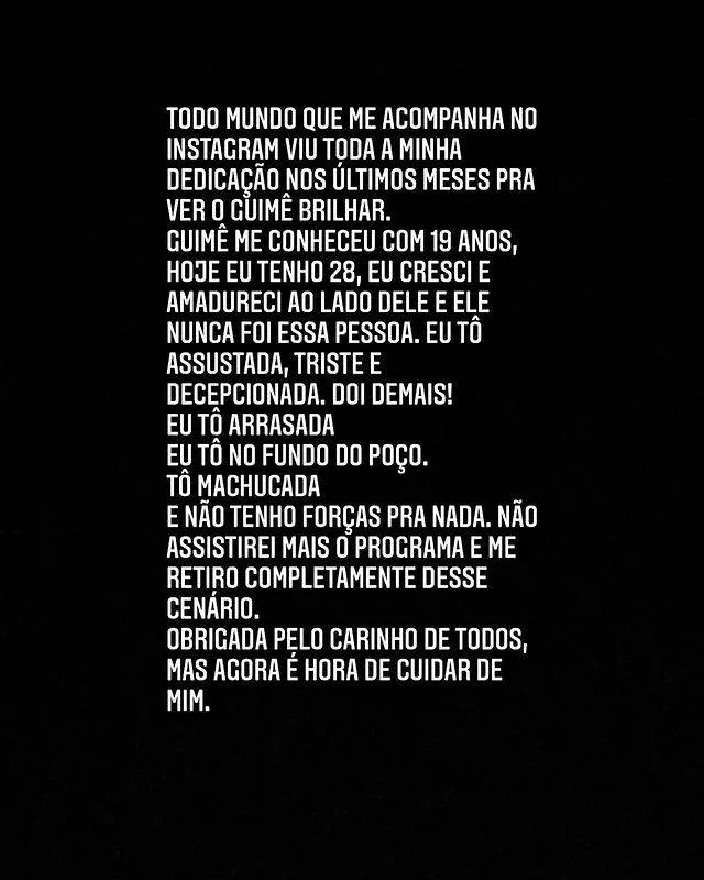 "No fundo do poço", diz Lexa após assédio de Guimê no BBB