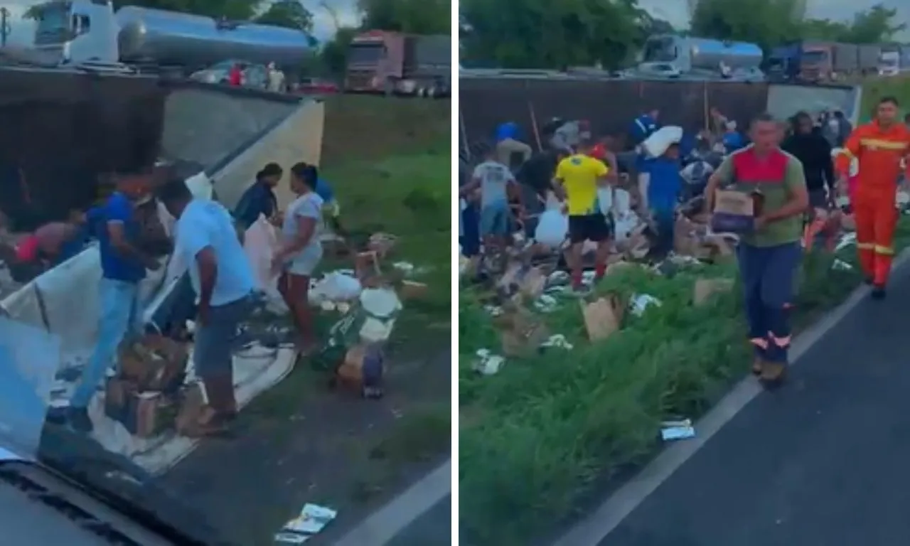 VÍDEO: carreta tomba e carga de cerveja é saqueada na BR-324