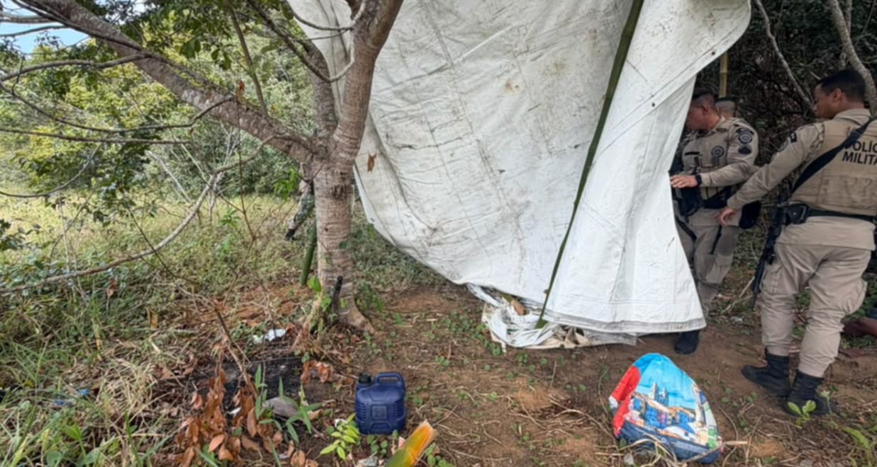 Acampamento clandestino usado por criminosos em Cassange.| Foto: Divulga&ccedil;&atilde;o SSP