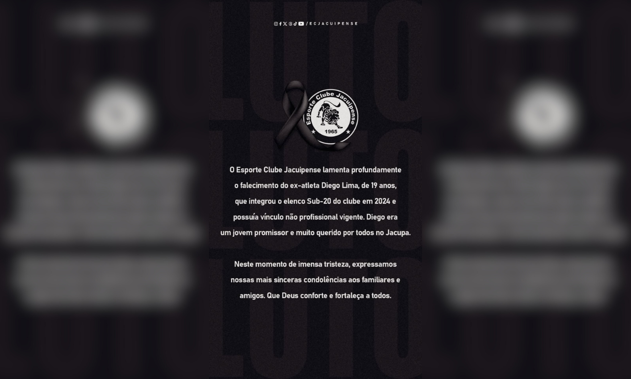 Esporte Jacuipense lamentou a morte do jovem nas redes sociais. Foto: redes sociais