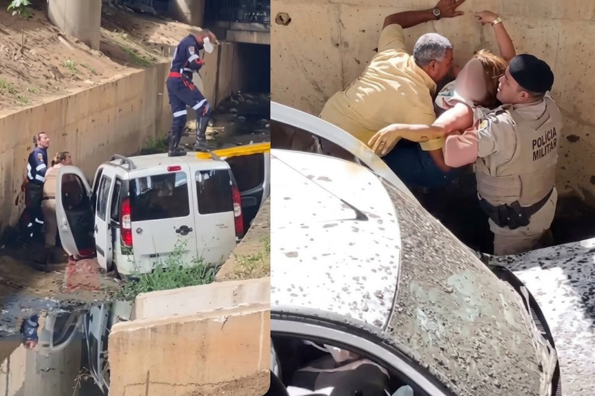 Idosa Perde Controle De Carro, Atropela Pedestre E Cai Em C&oacute;rrego Em Salvador. Foto: Reprodu&ccedil;&atilde;o Al&ocirc; Juca