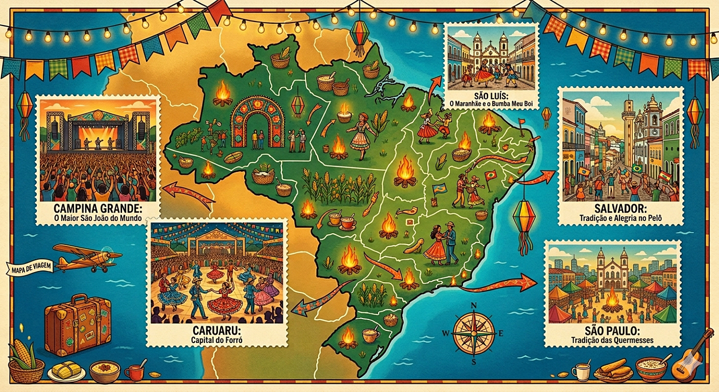 Festas de S&atilde;o Jo&atilde;o no Brasil: os melhores destinos para viajar em 2026. Foto: Imagem gerada por IA