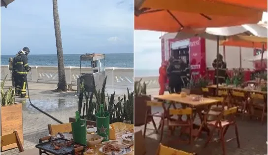 VÍDEO: Carrinho de comida pega fogo perto do Farol da Barra e rua é fechada; "galera saiu correndo"
