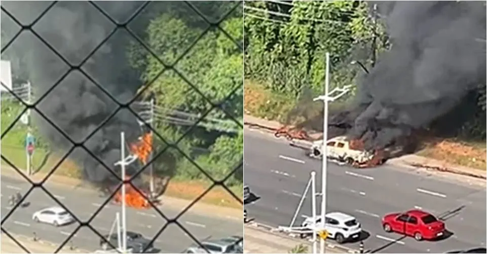 Carro pega fogo e trânsito fica congestionado na Avenida ACM