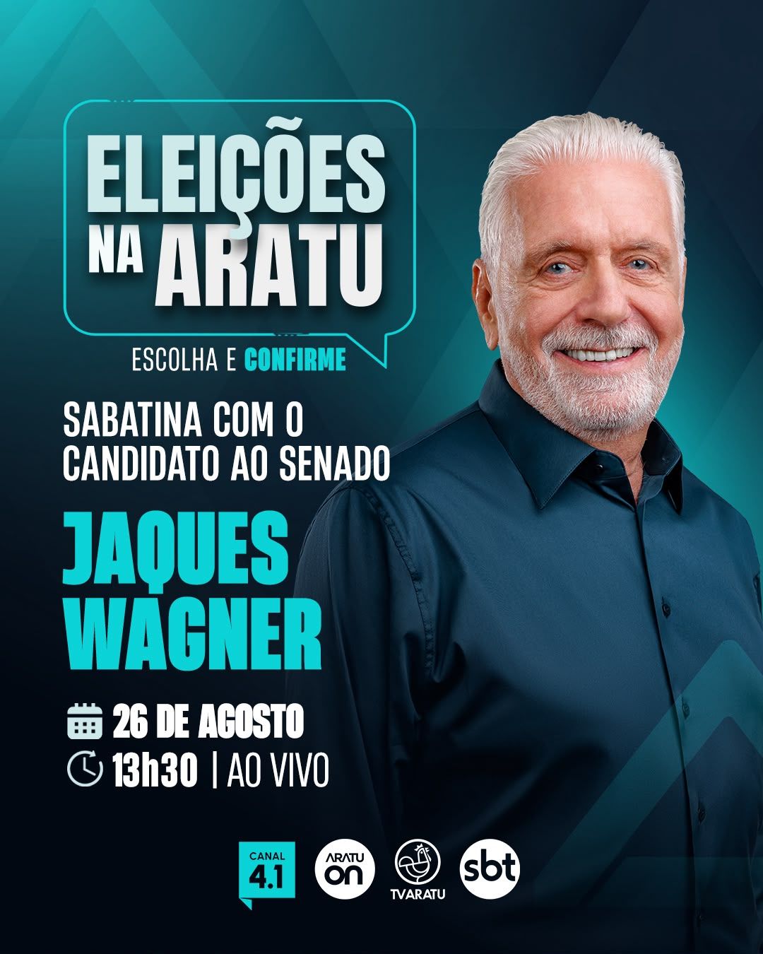 Candidato ao Senado, Jaques Wagner (PT) participa de sabatina na TV Aratu. Foto: TV Aratu