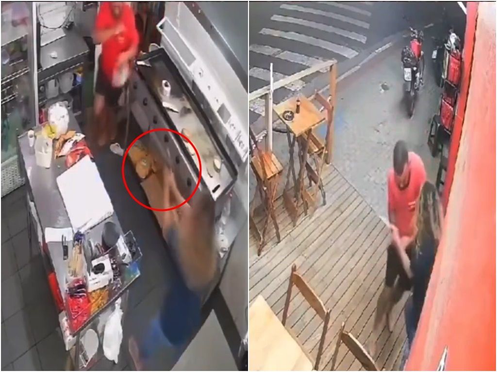 Câmeras do circuito de segurança flagraram o momento em que a mulher tenta matar o marido.