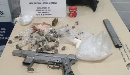 Portando submetralhadora, suspeito de tráfico é baleado e preso em flagrante na Fazenda Grande do Retiro