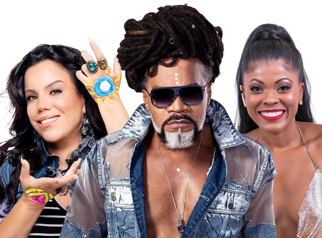 Amanda Santiago, Carlinhos Brown e Patrícia Gomes se encontram no bloco Timbalada. Foto: Divulgação