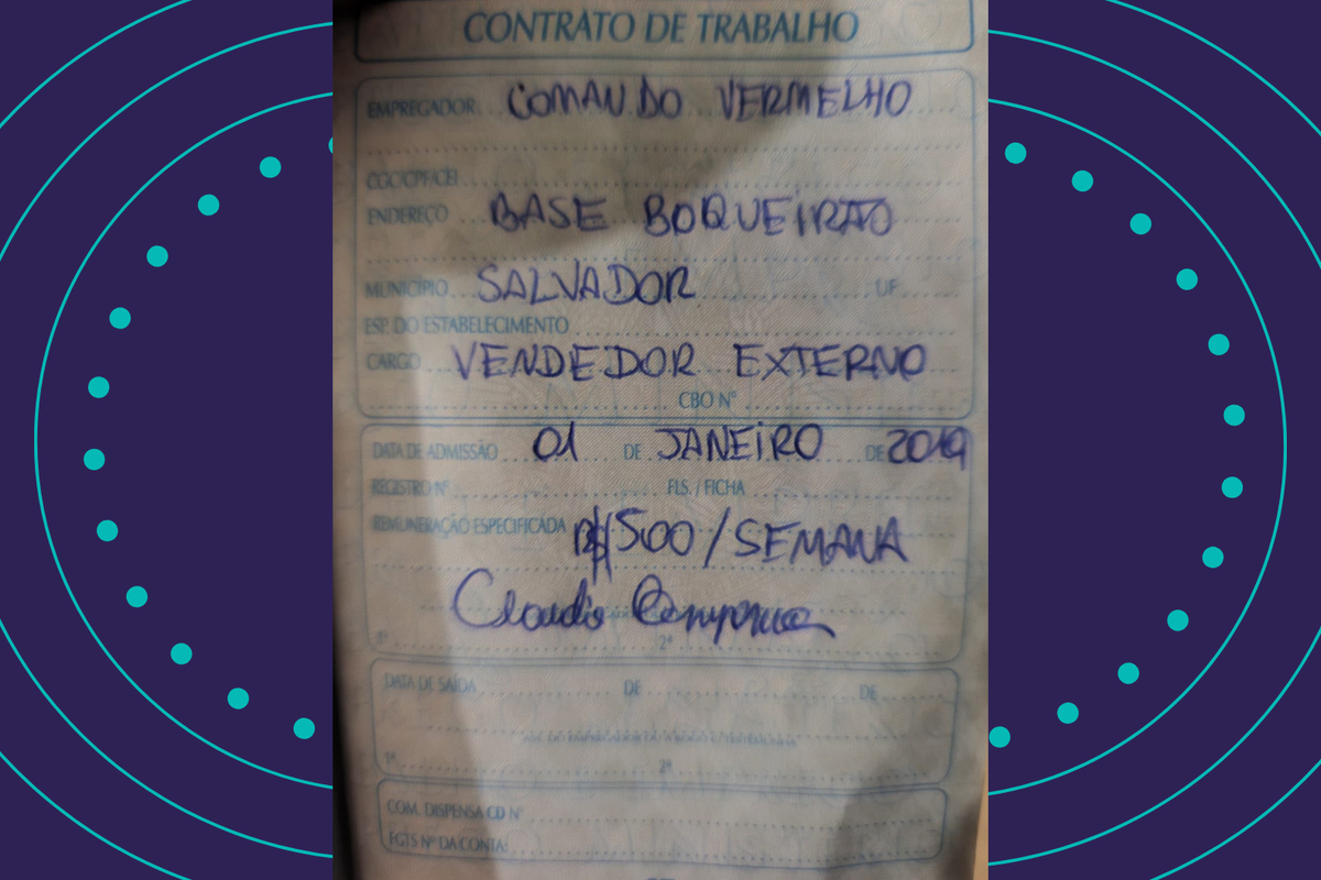 Uma imagem de uma suposta carteira de trabalho assinada pelo Comando Vermelho (CV) come&ccedil;ou a circular e chamou a aten&ccedil;&atilde;o nas redes sociais. Foto: Redes Sociais