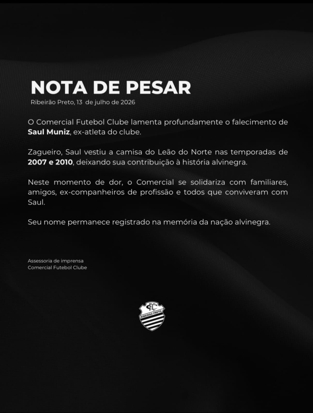 O Comercial-SP postou uma nota ap&oacute;s a morte do ex-jogador brasileiro Saul Nunez. Foto: Redes Sociais